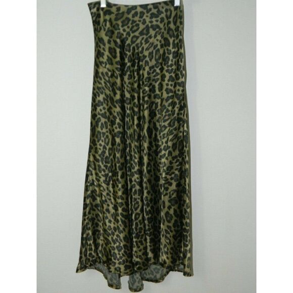 Zara Skirt Animal Print Green Brown Khaki Satin A-line Midi Skirt Size X-Small - Picture 5 of 8